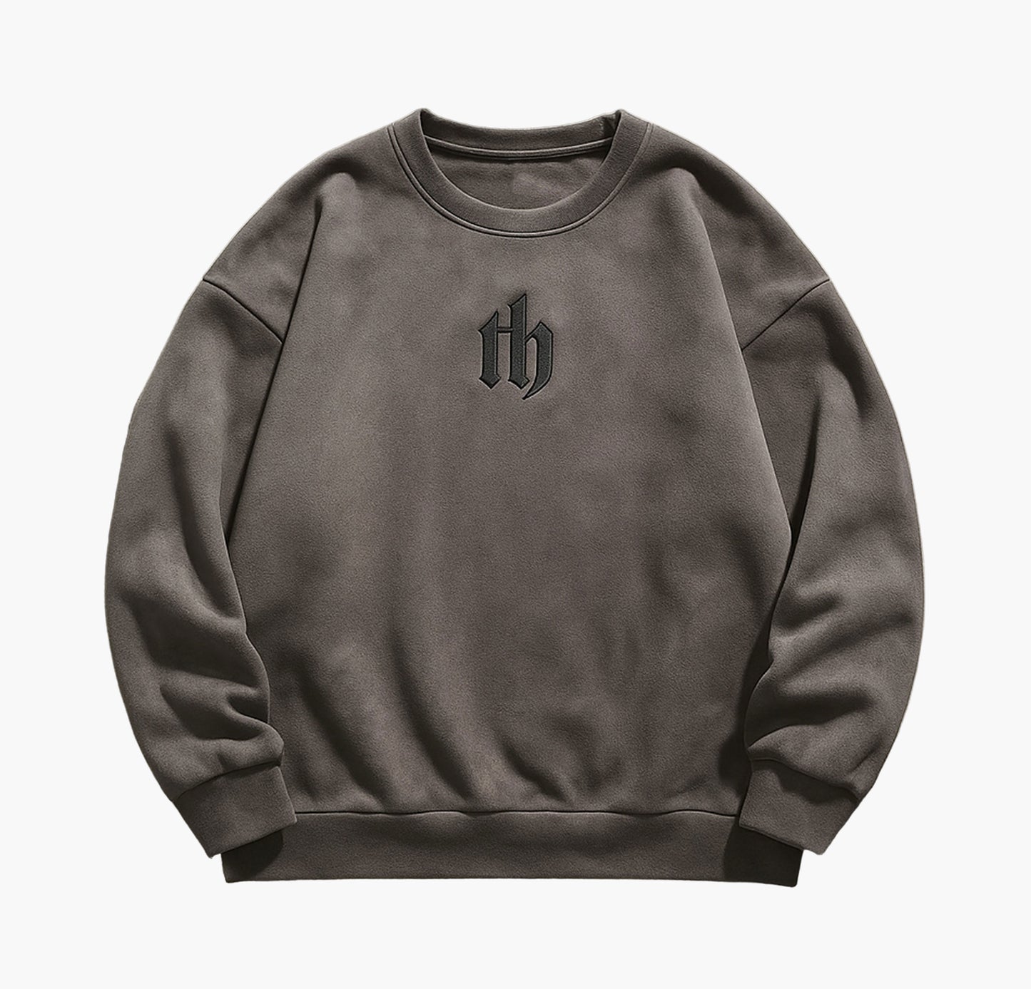 Men’s Fleece Sweatshirt – Brown Crew Neck Pullover with “TH” Letter Design