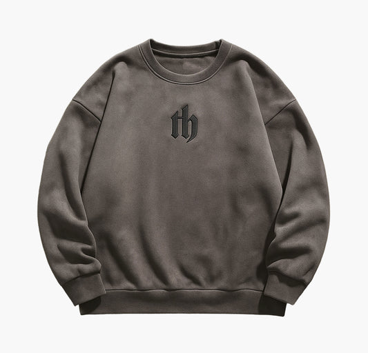 Men’s Fleece Sweatshirt – Brown Crew Neck Pullover with “TH” Letter Design
