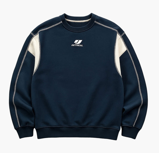 Men’s Oversized Color Block Sweatshirt – Japanese Lettering Beige & Navy Pullover