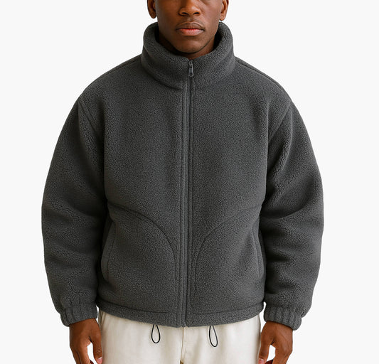 Reversible Sheepskin-Like Winter Jacket – Full-Zip Stand Collar Coat