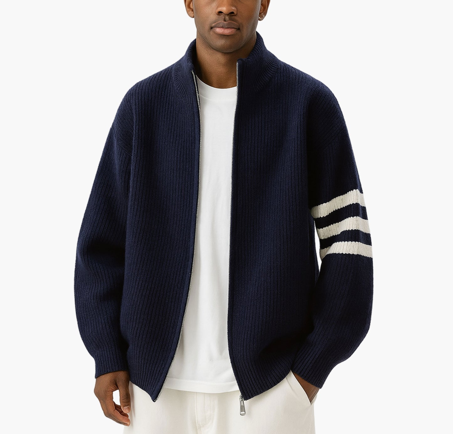 Men’s Oversized Striped Knit Sweater – Half-Zip Winter Coat