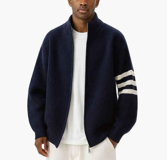 Men’s Oversized Striped Knit Sweater – Half-Zip Winter Coat