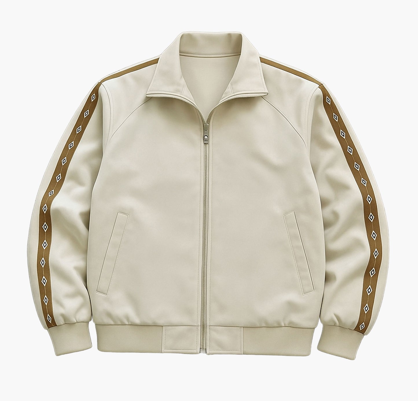 Men’s Lightweight Bomber Jacket – Beige Zip-Up Coat with Golden Accents