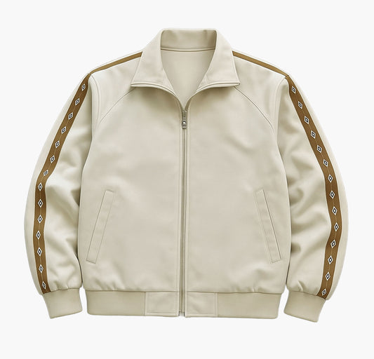 Men’s Lightweight Bomber Jacket – Beige Zip-Up Coat with Golden Accents