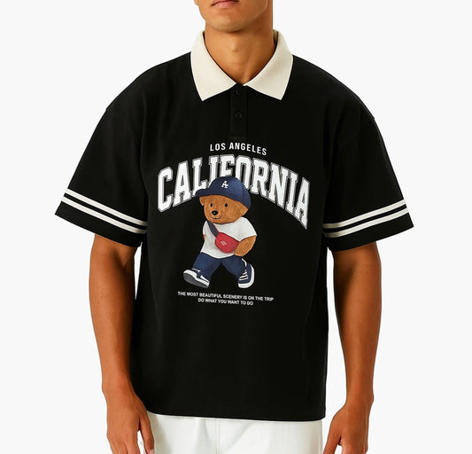 Men’s Bear Graphic Polo Shirt – Casual Knit Polo with Button Details