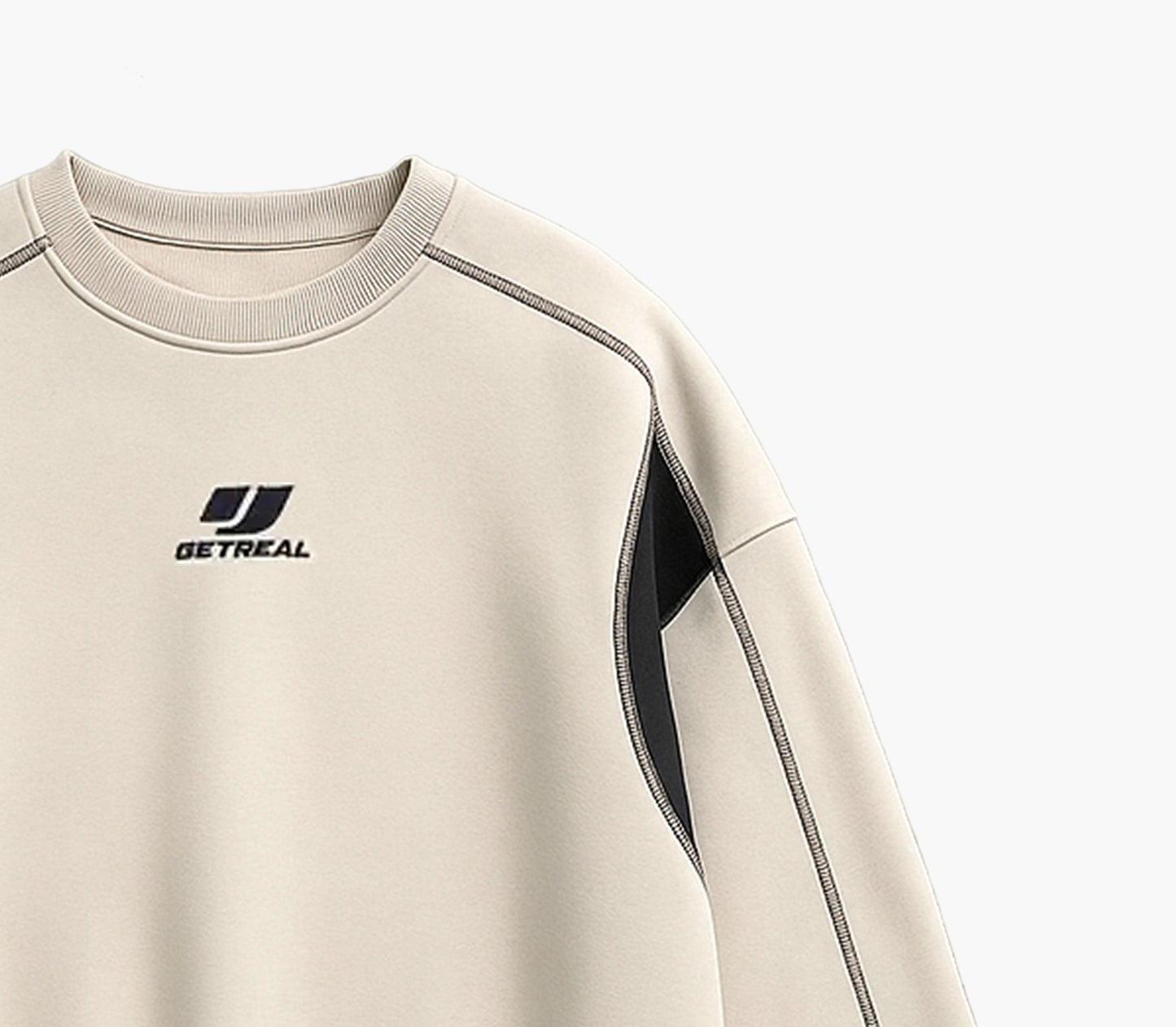 Men’s Oversized Sweatshirt – Beige & Navy Color Block Pullover with Japanese Lettering