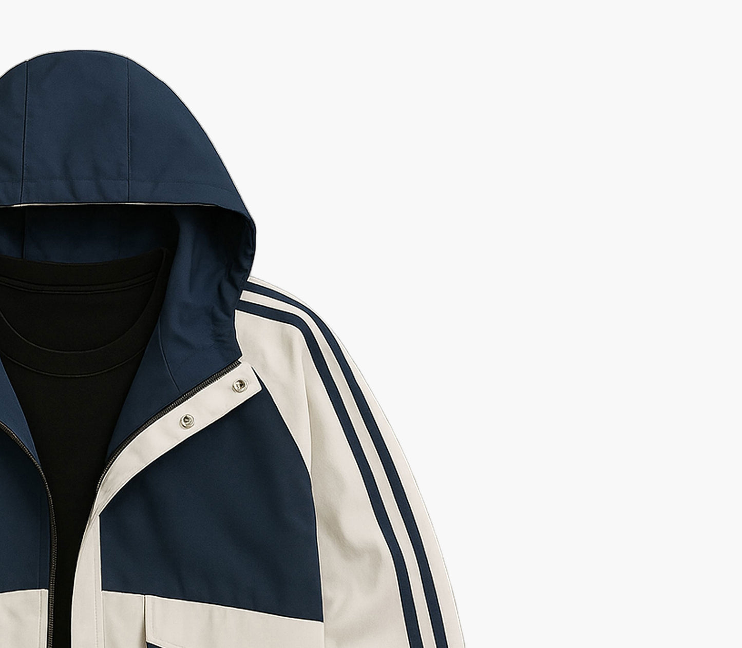 Men’s Hooded Color Block Jacket – Navy & White Full-Zip Windproof Outdoor Coat