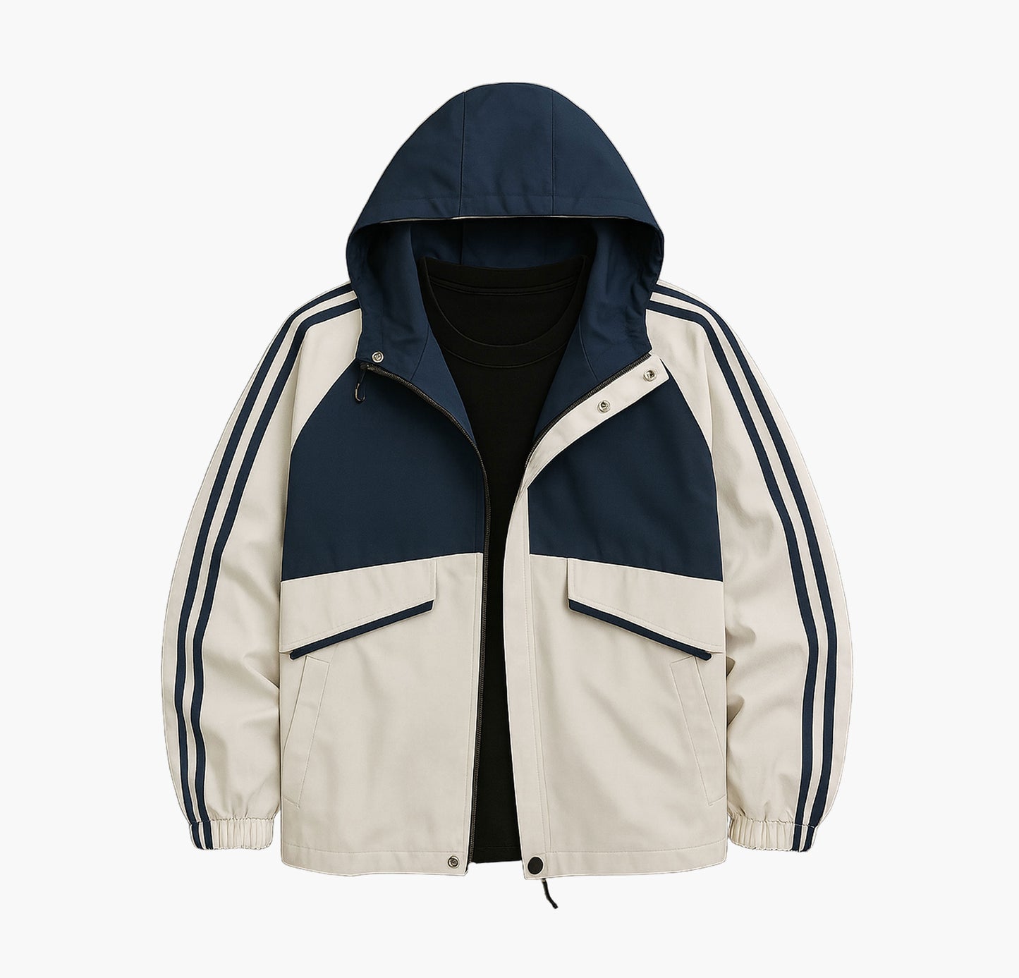 Men’s Hooded Color Block Jacket – Navy & White Full-Zip Windproof Outdoor Coat