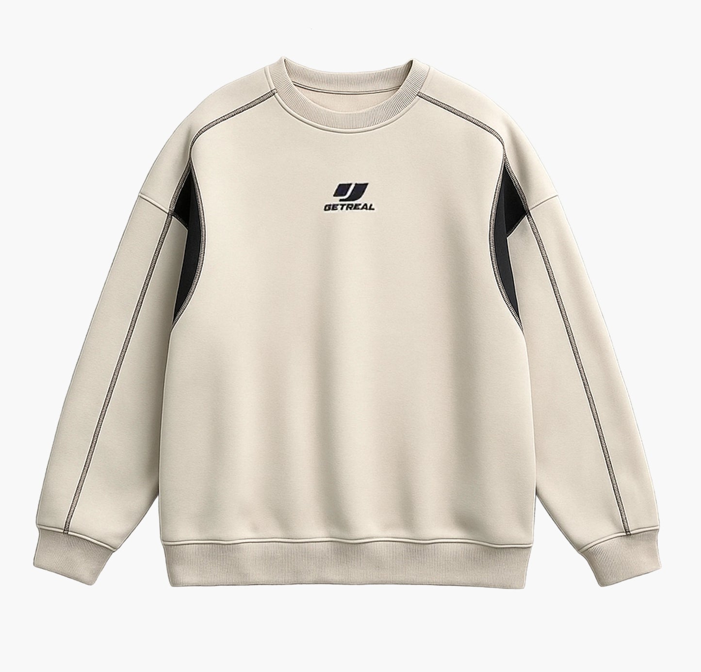 Men’s Oversized Sweatshirt – Beige & Navy Color Block Pullover with Japanese Lettering