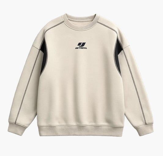Men’s Oversized Sweatshirt – Beige & Navy Color Block Pullover with Japanese Lettering