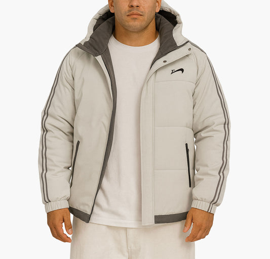 Men’s Thick Winter Hooded Jacket – Striped Padded Coat with Zipper & Belt