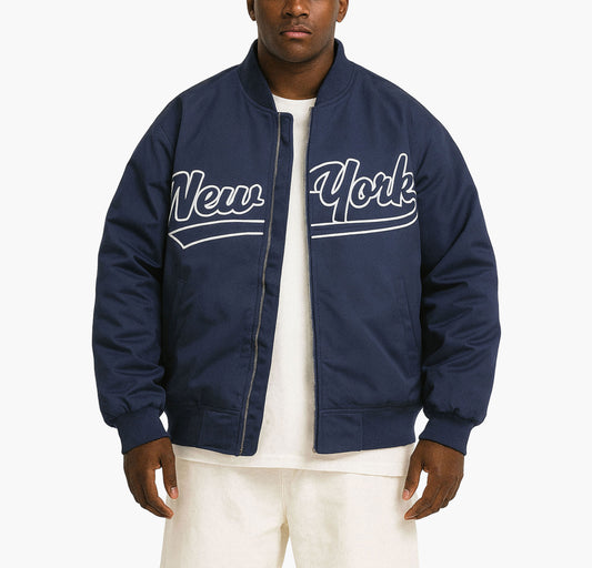 Men’s Casual Baseball Jacket – Black Zip-Up with New York Letter Print