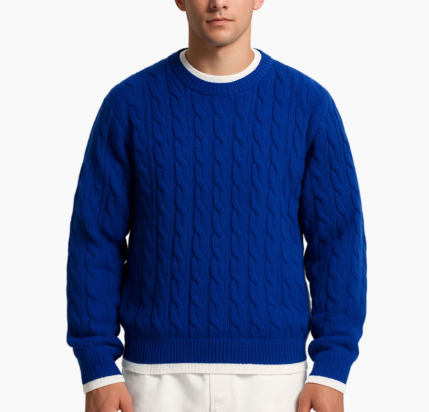 Men’s Navy Blue Crewneck Sweater – Cable-Knit Accent Pullover for All Seasons