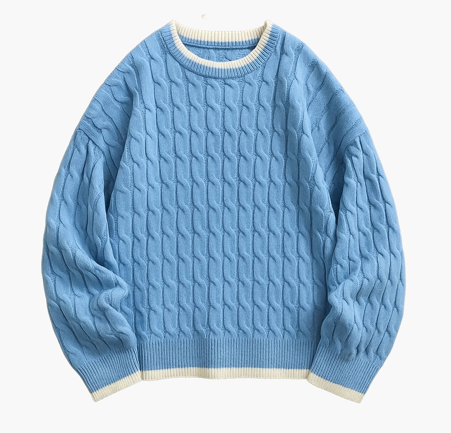 Men’s Navy Blue Cable-Knit Sweater – Classic Crewneck Pullover for All Seasons