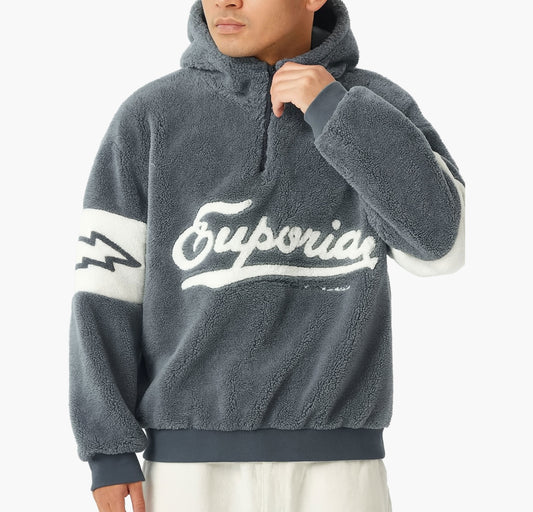 Men’s Fleece Hoodie – Gray Winter Pullover with “Euporia” Embroidered Lettering