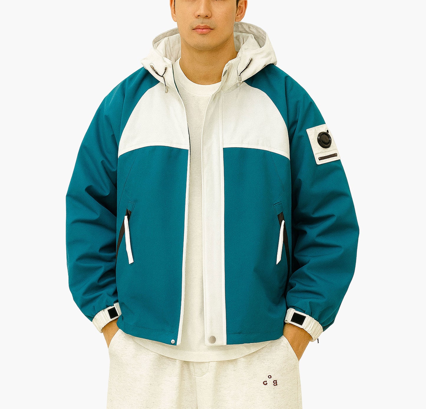 Men’s Turquoise Blue Ski Jacket – Hooded Colorblock Winter Coat with Full Zip