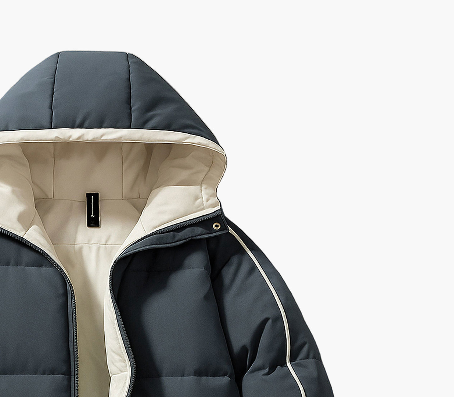 Men’s White & Black Hooded Winter Jacket – Full-Zip Warm Coat with Pockets