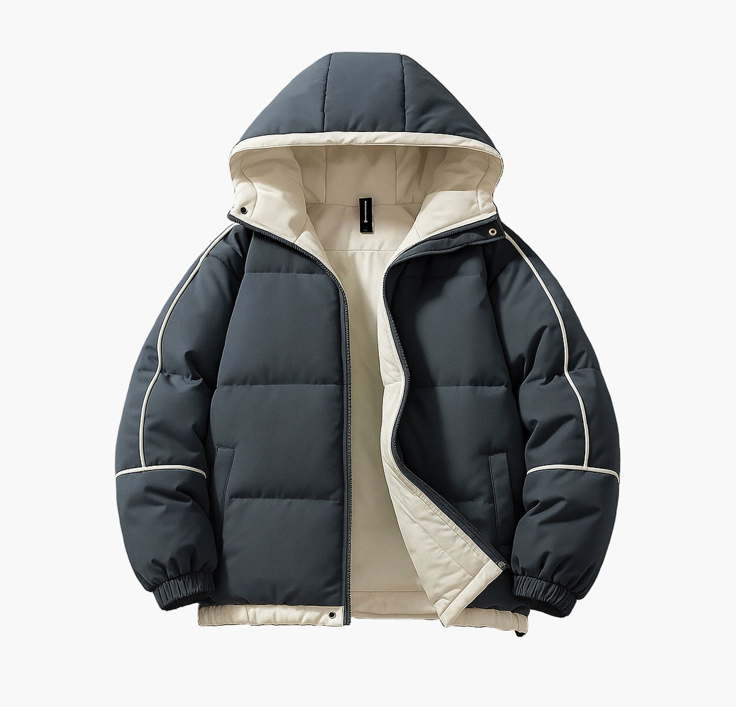 Men’s White & Black Hooded Winter Jacket – Full-Zip Warm Coat with Pockets