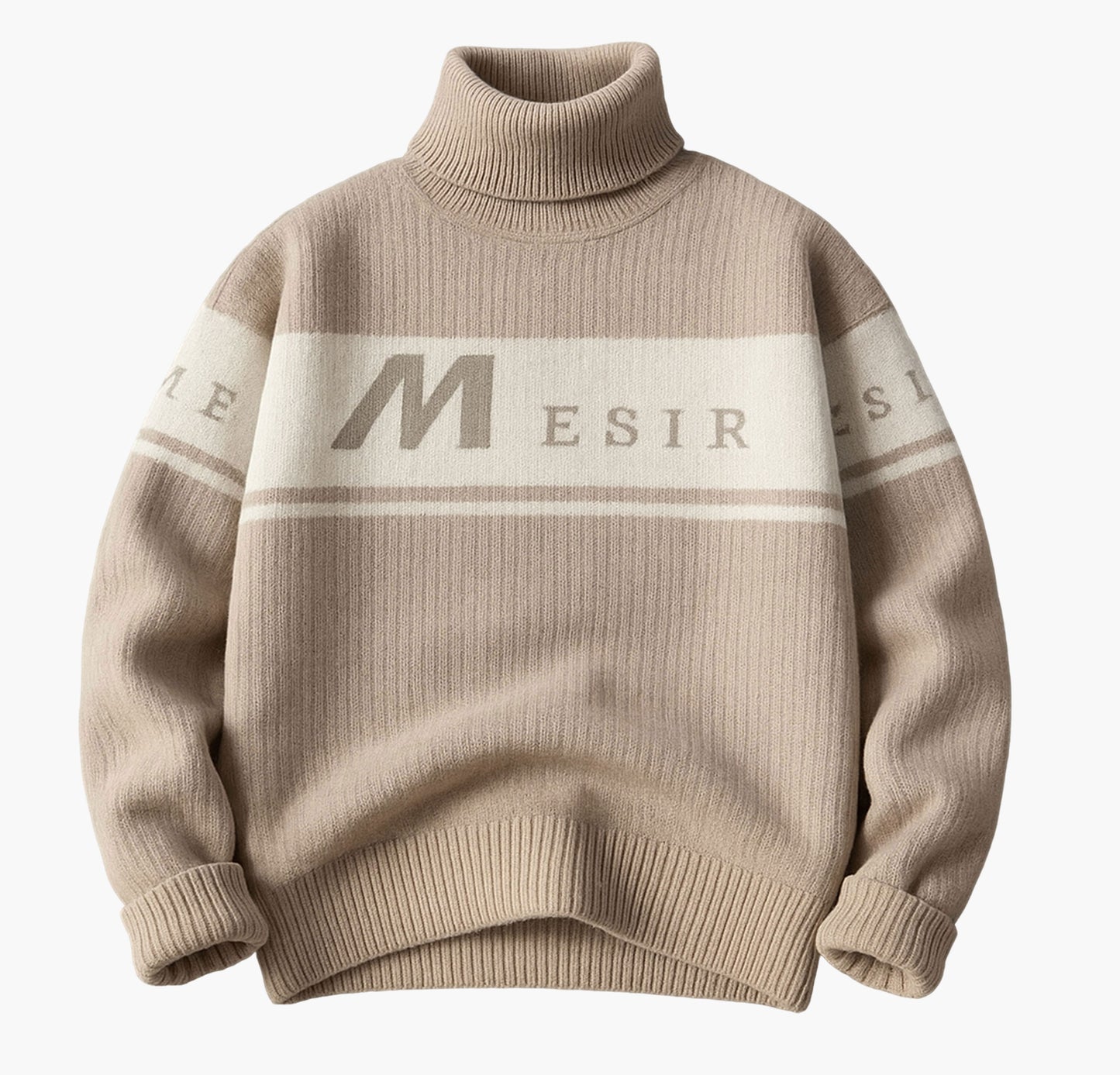 Men’s Stripe Knit Sweater – Beige & Brown Pullover with “M” Letter Design