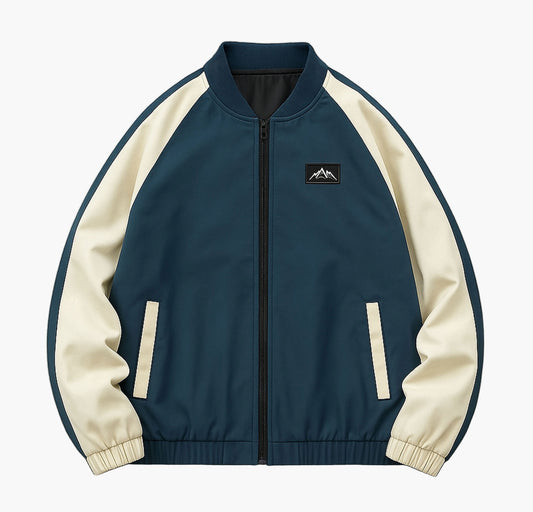 Men’s Navy & White Color Block Jacket – Casual Zip-Up with Pockets