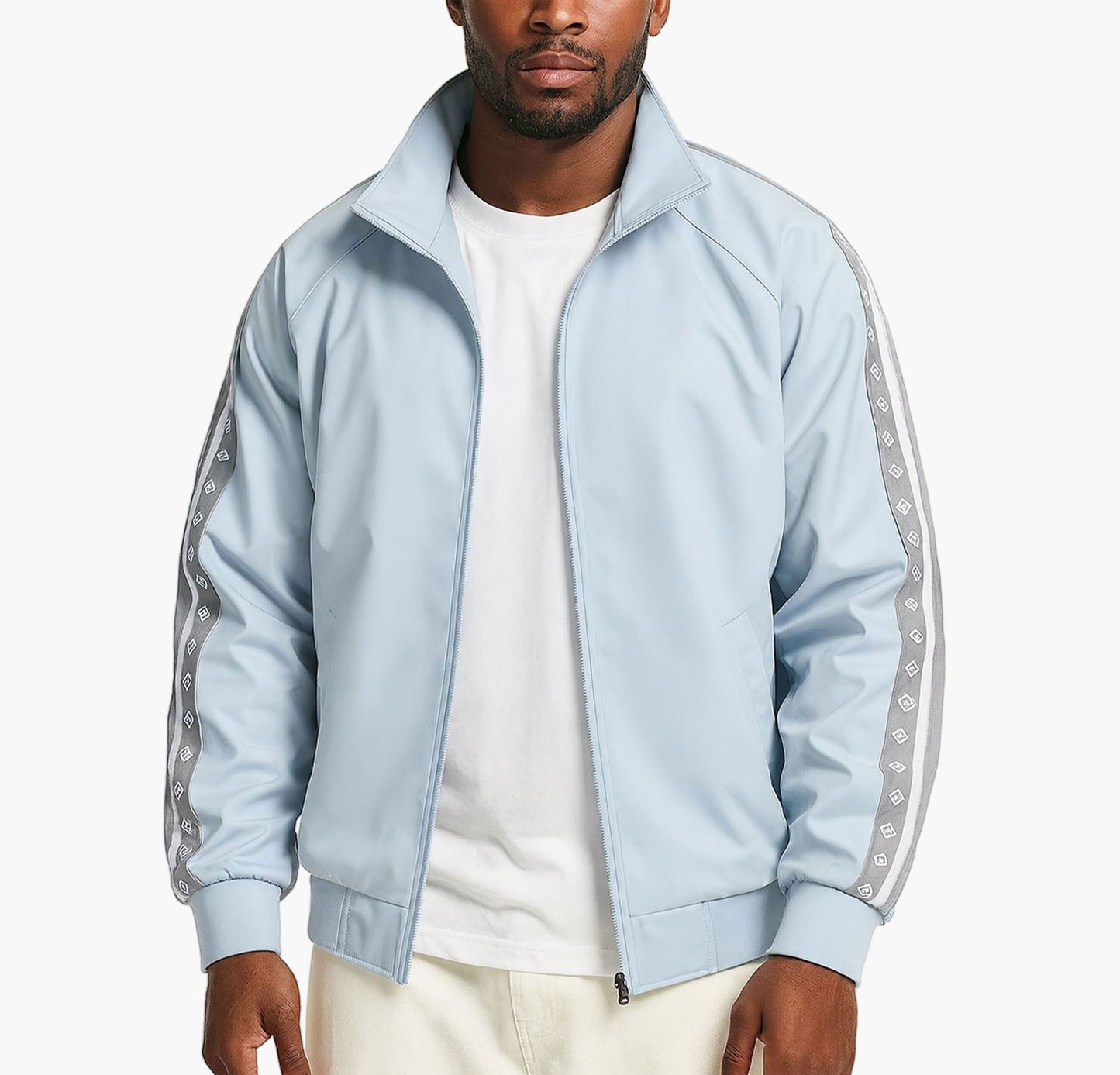 Men’s Lightweight Bomber Jacket – Beige Zip-Up with Golden Accents