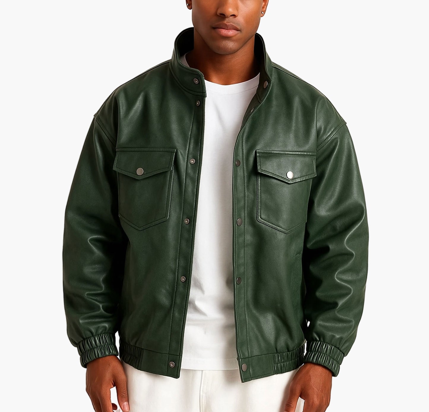 Men’s Luxury Jacket – Full-Zip Stand Collar Long Coat with Glossy Finish