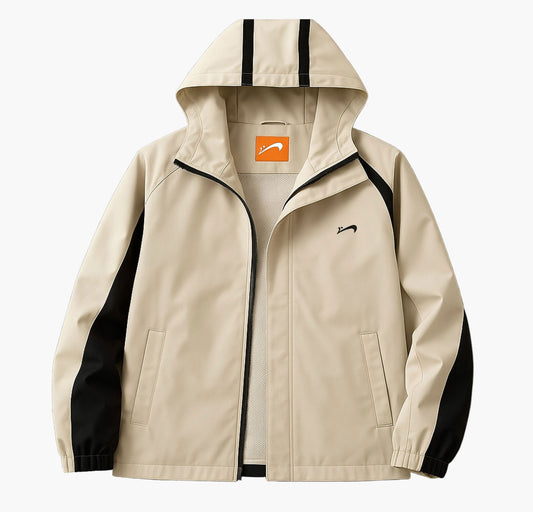 Men’s Hooded Zip-Up Jacket – White with Black Accents and Embroidered Logo