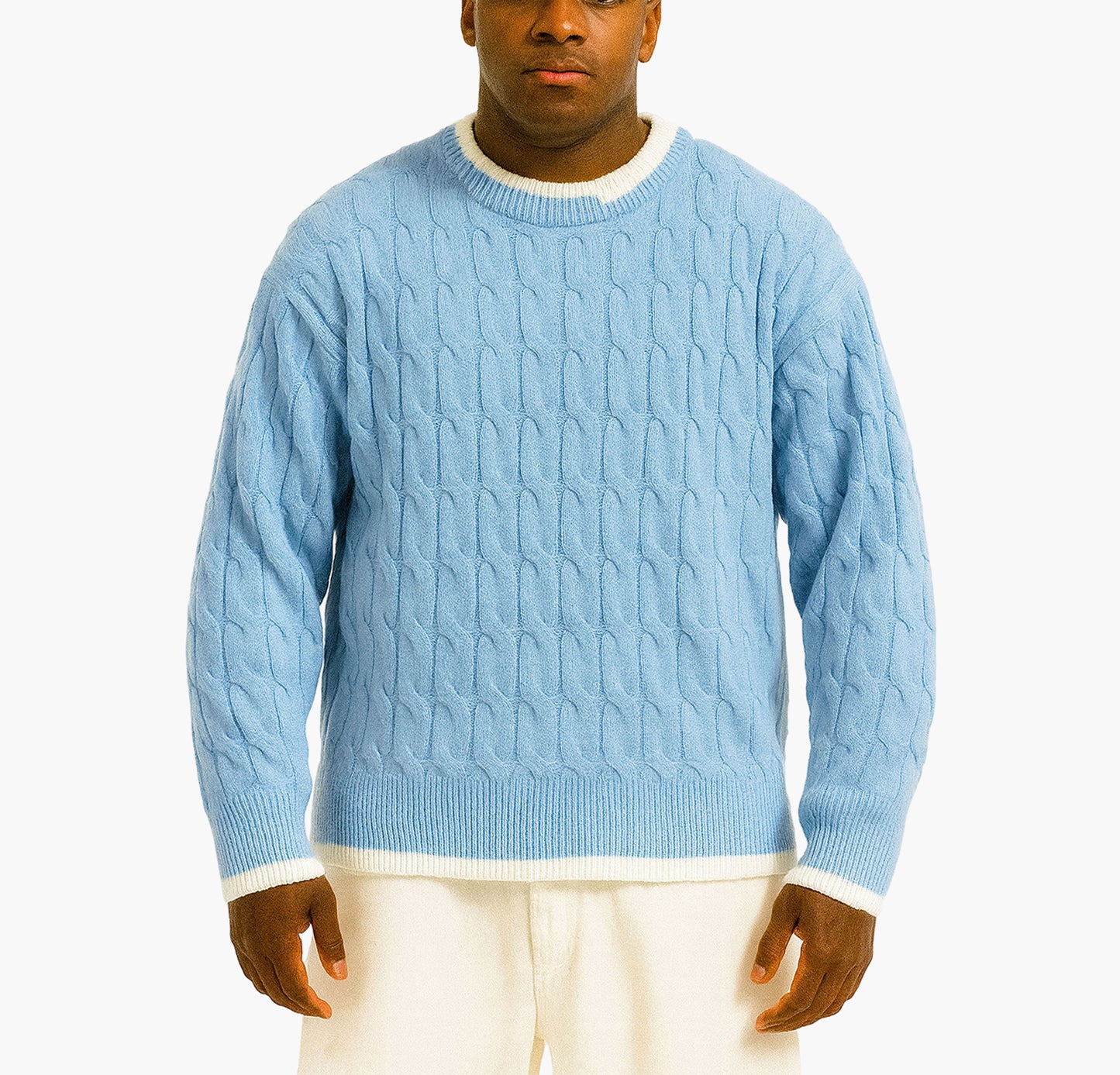 Men’s Navy Blue Cable-Knit Sweater – Classic Crewneck Pullover for All Seasons