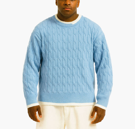 Men’s Navy Blue Cable-Knit Sweater – Classic Crewneck Pullover for All Seasons