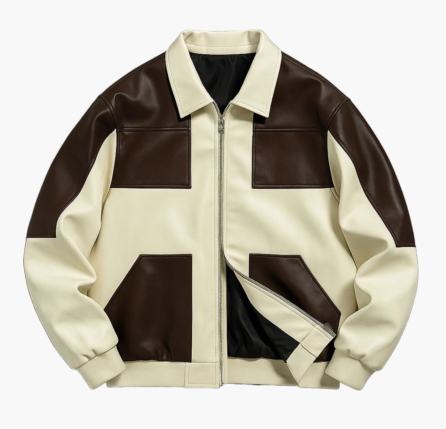 Men’s Faux Leather Colorblock Bomber Jacket – Beige & Brown Short Zip-Up
