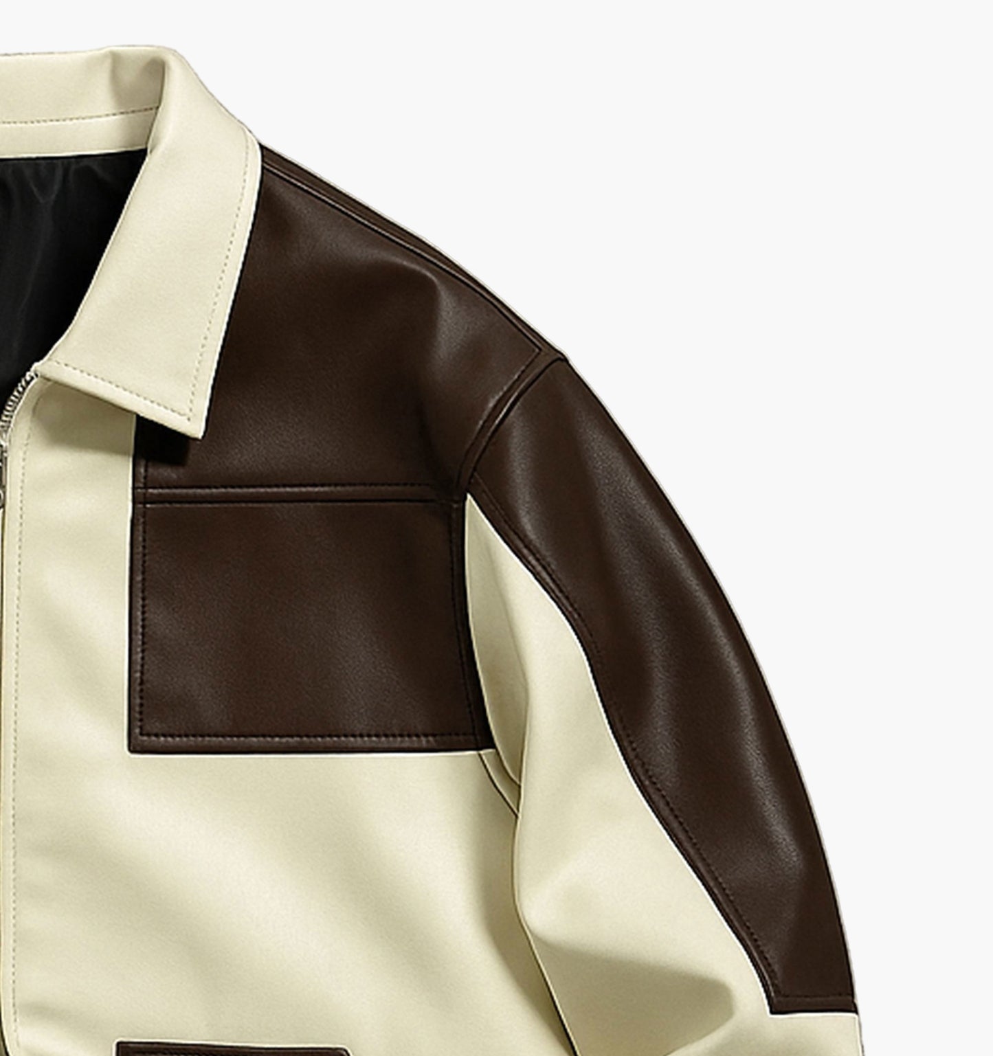 Men’s Faux Leather Colorblock Bomber Jacket – Beige & Brown Short Zip-Up