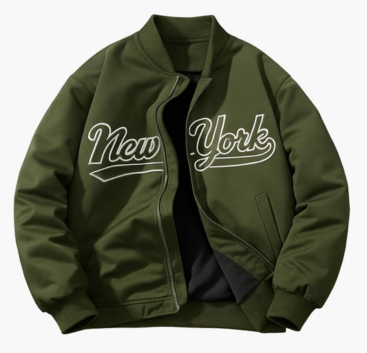 Men’s Black Baseball Jacket – Zip-Up Casual Coat with New York Letter Print