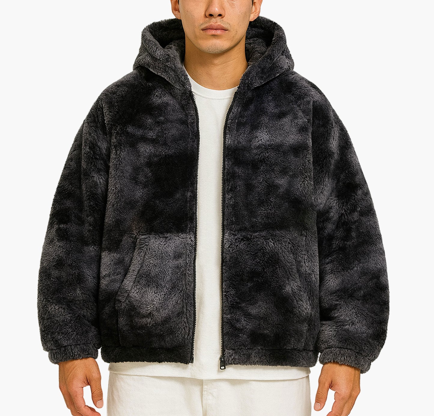 Men’s Tie-Dye Fleece Jacket – Full-Zip Hooded Winter Coat