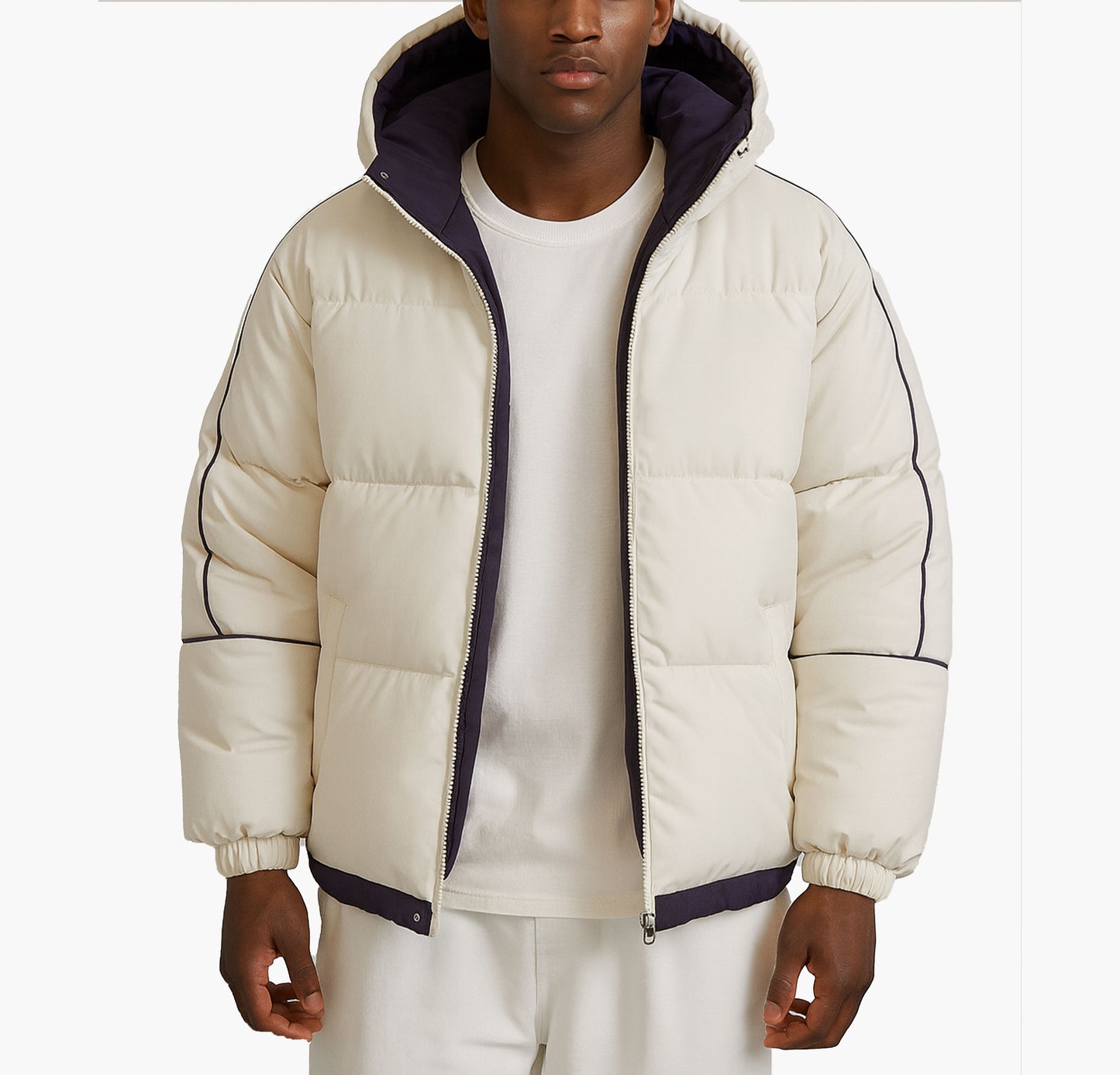 Men’s Hooded Winter Jacket – White & Black Zip-Up Coat with Pockets