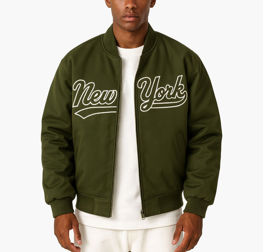 Men’s Black Baseball Jacket – Zip-Up Casual Coat with New York Letter Print