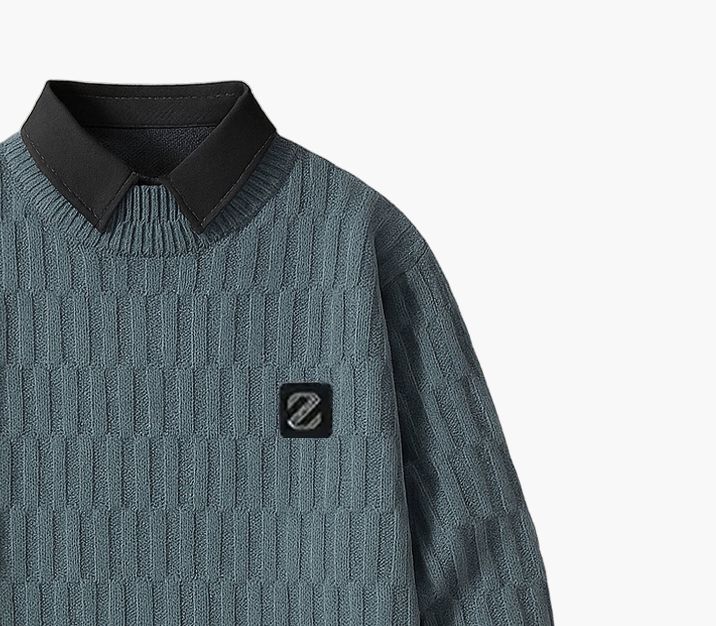 Men’s Thermal Knit Sweater – Slim Fit Mock Two-Piece Pullover with Collar