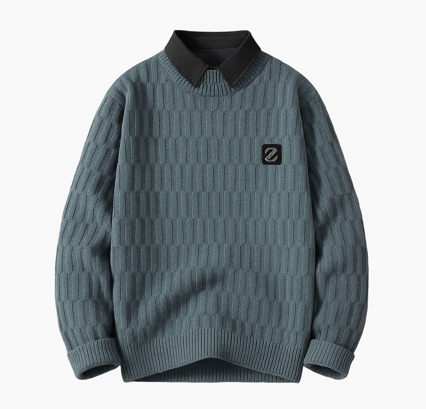 Men’s Thermal Knit Sweater – Slim Fit Mock Two-Piece Pullover with Collar