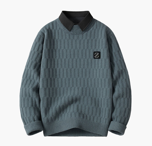 Men’s Thermal Knit Sweater – Slim Fit Mock Two-Piece Pullover with Collar
