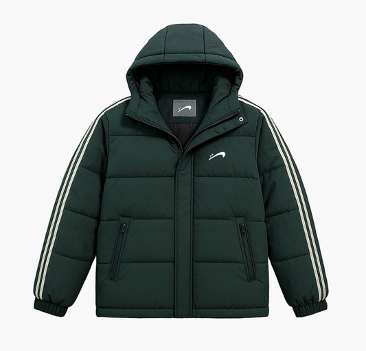 Men’s Thick Winter Hooded Jacket – Striped Padded Coat with Zipper & Belt