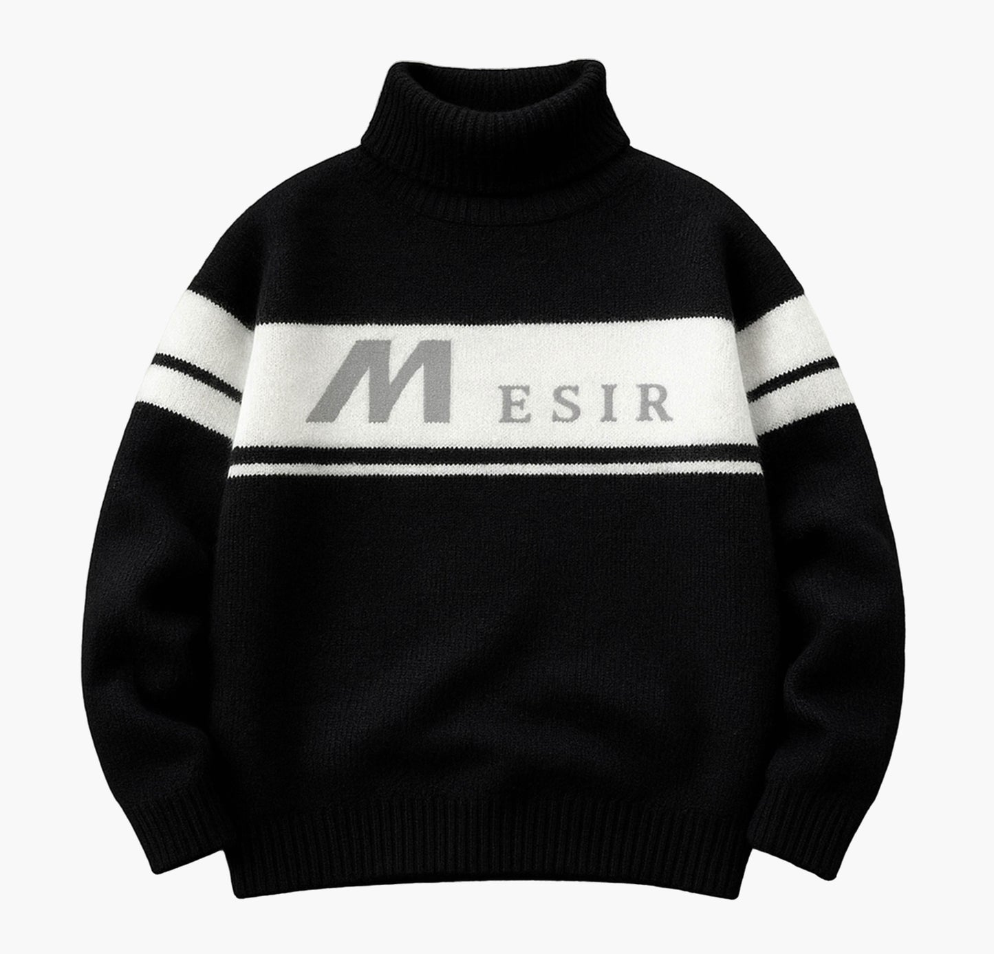 Men’s Stripe Knit Sweater – Beige & Brown Pullover with Letter “M” Design