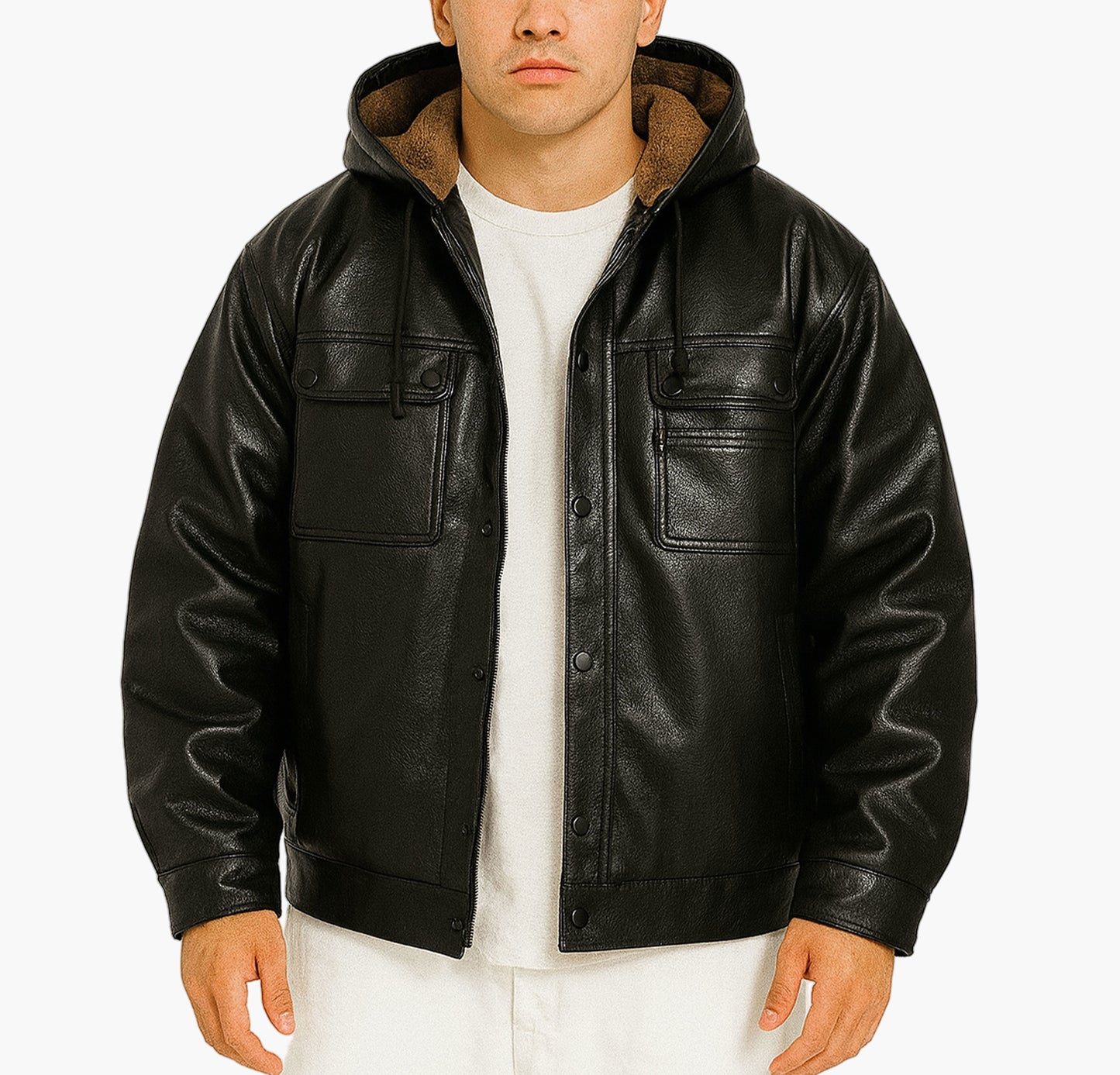 Men’s PU Leather Motorcycle Jacket – Fleece-Lined Winter Coat