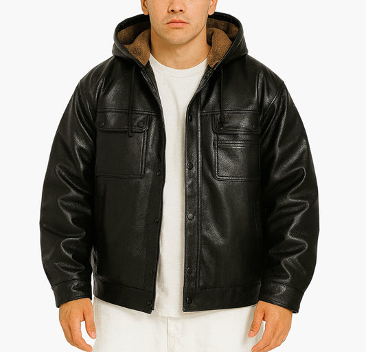Men’s PU Leather Motorcycle Jacket – Fleece-Lined Winter Coat