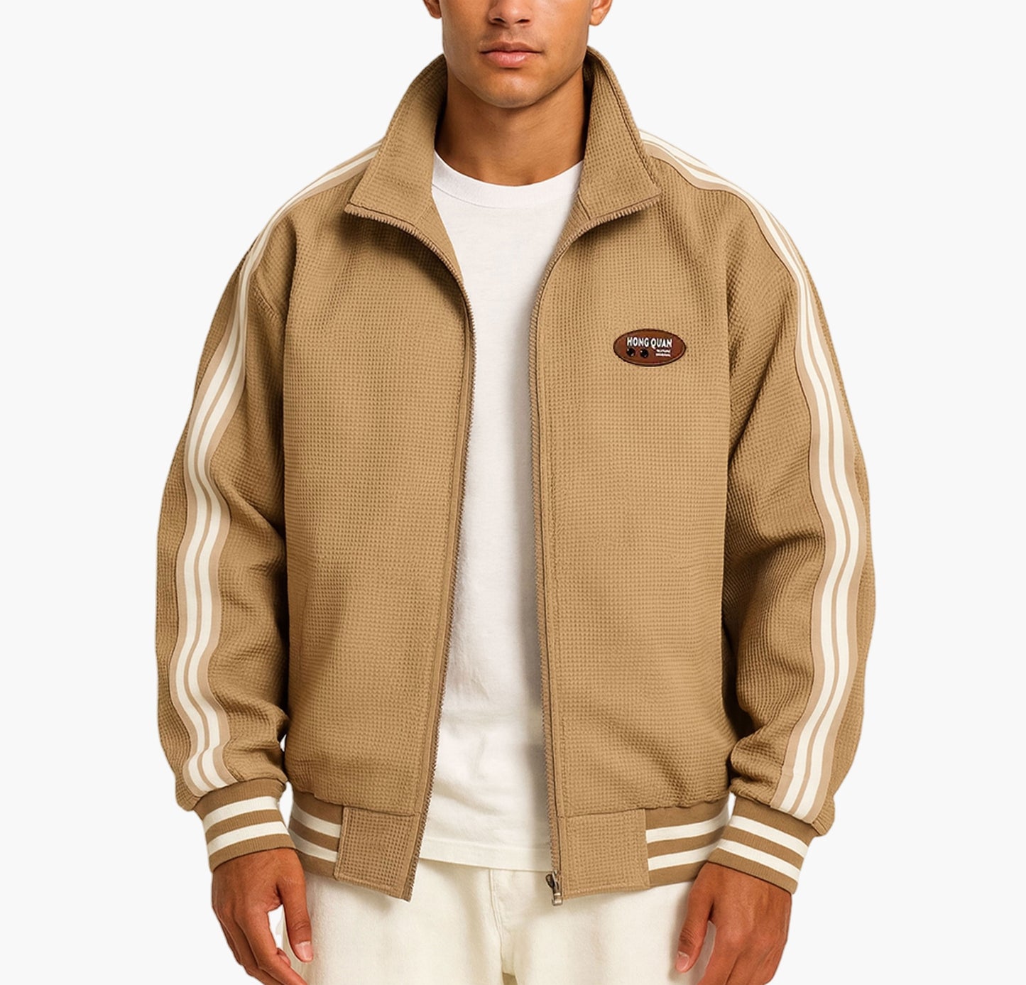 Men’s Lightweight Bomber Jacket – Black Zip-Up with White Stripes & Logo