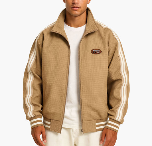 Men’s Lightweight Bomber Jacket – Black Zip-Up with White Stripes & Logo