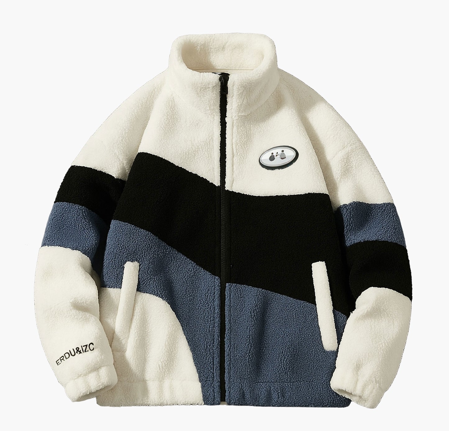 Men’s Plush Fleece Jacket – Thick Warm Color Block Zip-Up Winter Coat