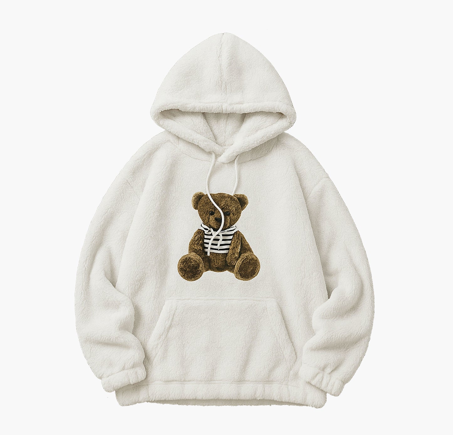 Men’s Plush Bear Hoodie – Cozy Winter Pullover with Cute Graphic & Striped Hood
