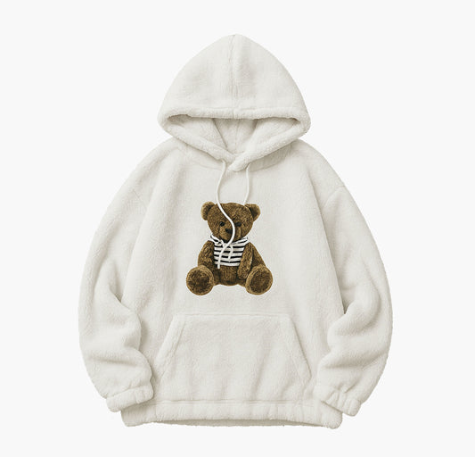 Men’s Plush Bear Hoodie – Cozy Winter Pullover with Cute Graphic & Striped Hood