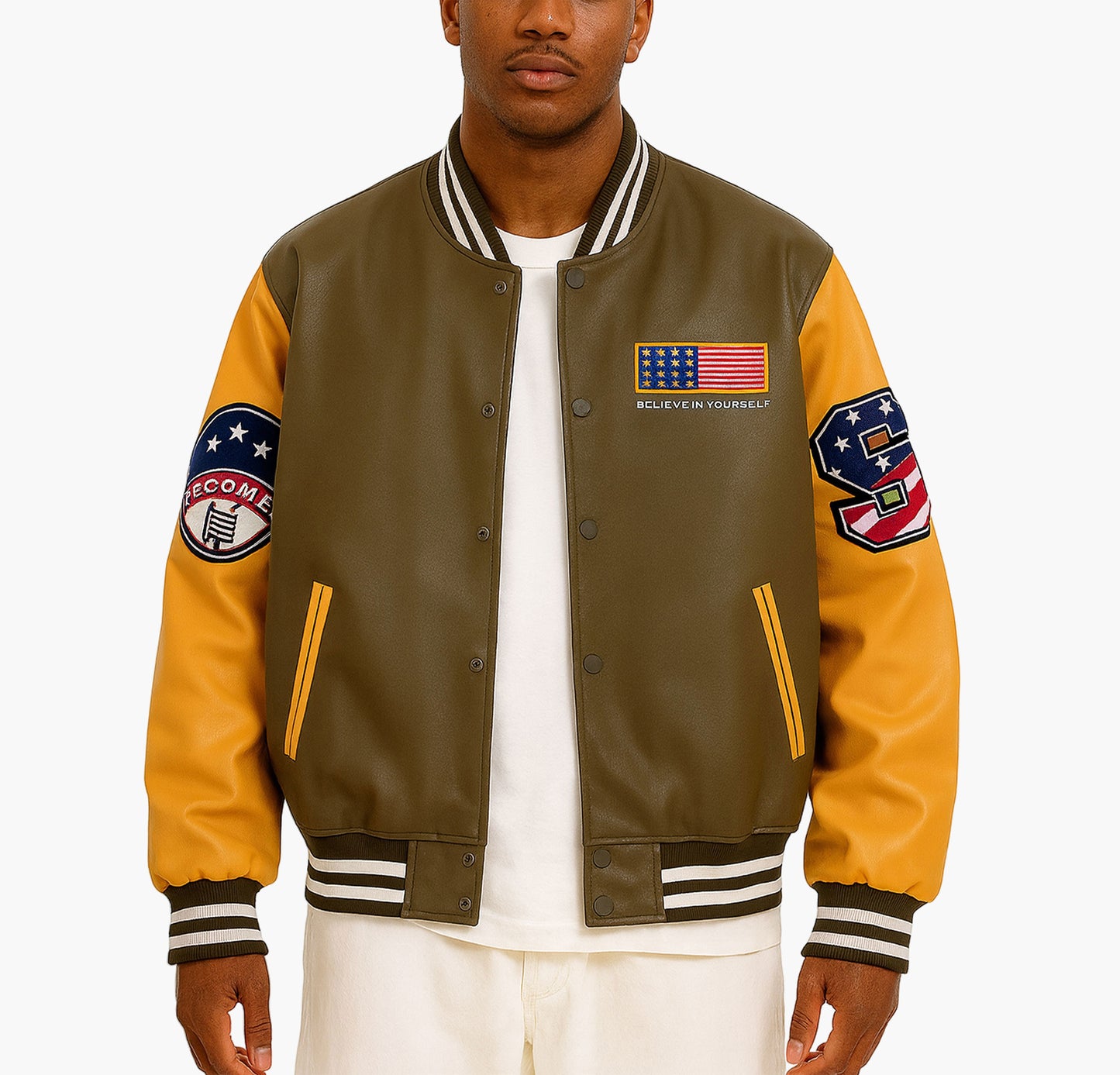 Men’s PU Leather Jacket – Vintage Varsity Bomber Coat