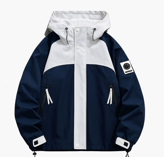 Men’s Turquoise & White Ski Jacket – Hooded Winter Coat with Full-Zip Closure