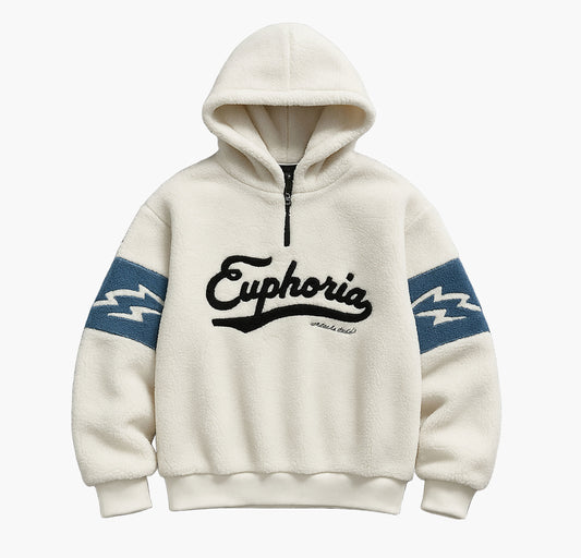 Men’s Gray Fleece Hoodie – “Euporia” Embroidered Lettering, Warm Winter Pullover
